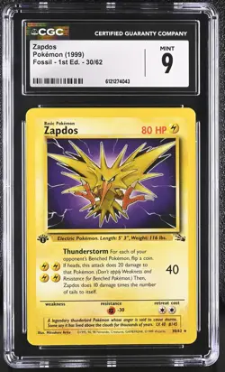 CGC 9 MINT Zapdos 1999 Fossil 1st Edition 30/62 Pokemon Card - Image 1