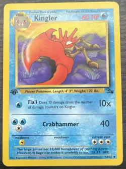 1st Edition Kingler 38/62 Pokemon TCG WOTC Base Set Fossil Uncommon MINT NM - Image 1