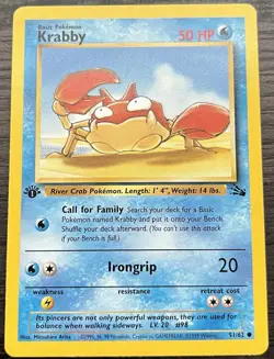 1st Edition Krabby 51/62 Pokemon TCG WOTC Base Set Fossil Light Play LP - Image 1