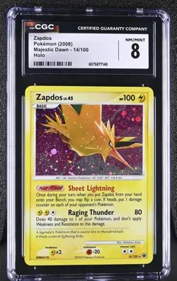 CGC 8 Zapdos 2008 Majestic Dawn 14/100 Holo Pokemon Card - Image 1