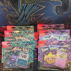 6x Pokemon Paldean Fates Tech Sticker (3x Fidough, 3x Maschiff) 18 Booster Packs - Image 1