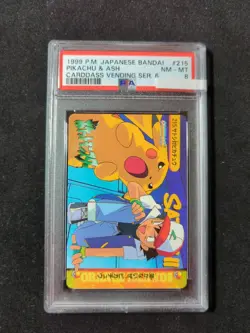 Pokemon Japanese Bandai Carddass Anime Collection #215 Pikachu & Ash PSA 8 - Image 1