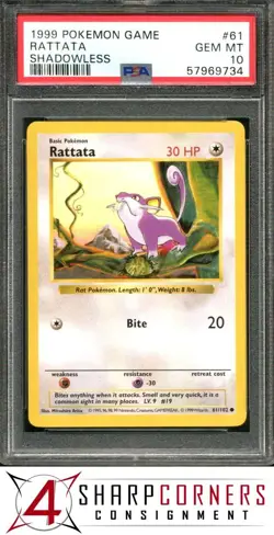 1999 POKEMON GAME #61 RATTATA SHADOWLESS PSA 10 - Image 1