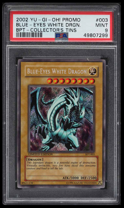 2002 Yu-Gi-Oh Collector's Tins BLUE-EYES WHITE DRAGON BPT-003 Secret Rare PSA 9 - Image 1