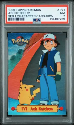 1999 Topps Pokemon, ASH KETCHUM, TV1, Series 1 Character Card-RBW, PSA 7, NM - Image 1
