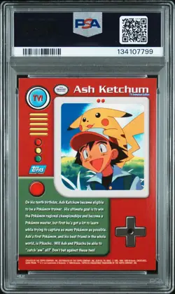 1999 Topps Pokemon, ASH KETCHUM, TV1, Series 1 Character Card-RBW, PSA 7, NM - Image 2