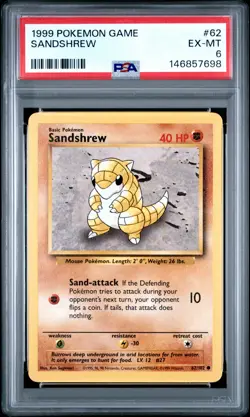 1999 POKEMON BASE SET UNLIMITED #62 SANDSHREW PSA 6 - Image 1