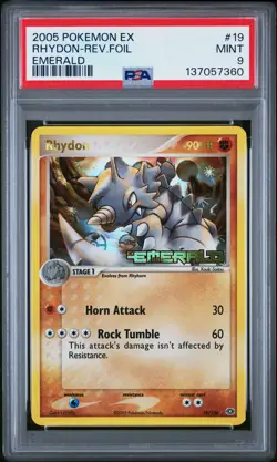 2005 POKEMON EX EMERALD #19 RHYDON-REVERSE FOIL PSA 9 - Image 1