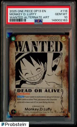 2025 One Piece OP13 En Wanted Alternate Art #118 Monkey D. Luffy PSA 10 GEM MINT - Image 1