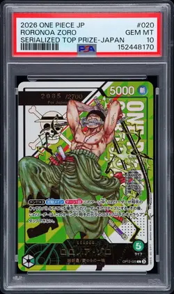 2026 ONE PIECE JPN SERIALIZED TOP PRIZE PROMO #020 RORONOA ZORO 2085/2700 PSA 10 - Image 1