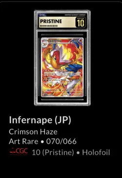 Pokemon CGC 10 PRISTINE Infernape 070/066 Art Rare Crimson Haze JP - Image 1