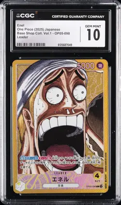 2025 ONE PIECE JPN BASE SHOP COLL. VOL.1, LEADER #OP05-098 ENEL CGC 10 GEM MINT - Image 1