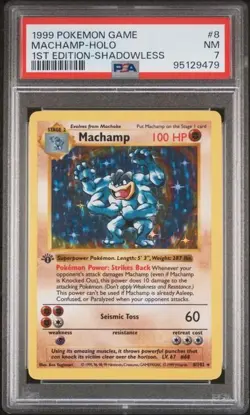 PSA 7 - 1st Edition Shadowless Machamp 1999 Pokemon Game 008/102 Vintage - Image 1
