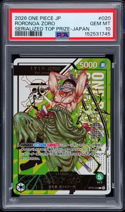 2026 ONE PIECE JPN SERIALIZED TOP PRIZE PROMO #020 RORONOA ZORO 1710/2700 PSA 10 - Image 1
