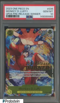 2023 One Piece EN OP04 Pre-Release Winner #036 Monkey D Luffy PSA 10 GEM MINT - Image 1