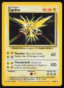Zapdos - 16/102 - Holo Rare - Base Set - Pokemon Card - MP - Image 1