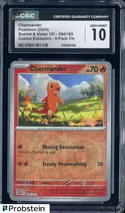 2024 Pokemon SV 151 Costco Exclusive 5-Pack Tin #004 Charmander CGC 10 - Image 1