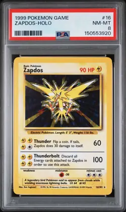 1999 POKEMON BASE SET UNLIMITED #16 ZAPDOS-HOLO PSA 8 - Image 1