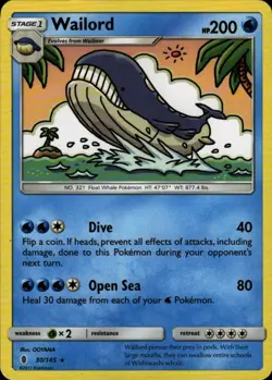 Pokemon TCG Card Wailord Rare Water Normal SM - Guardians Rising SM02 30/145 - Image 1