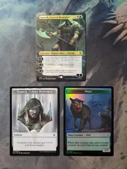 Garruk, Cursed Huntsman (Borderless) w/ Emblem & Wolf / Food Token (Foil) (ELD) - Image 1