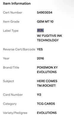 2016 POKEMON XY HERE COMES TEAM ROCKET! EVOLUTIONS PSA 10 GEM MINT 113/108 #113 - Image 2