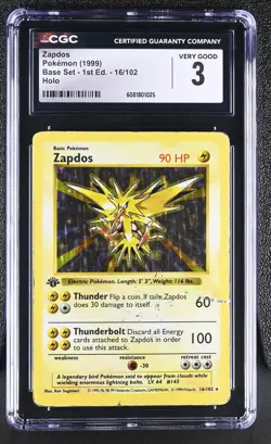 CGC 3 Zapdos 1999 Base Set 1st Edition Shadowless 16/102 Holo Pokemon Card - Image 1