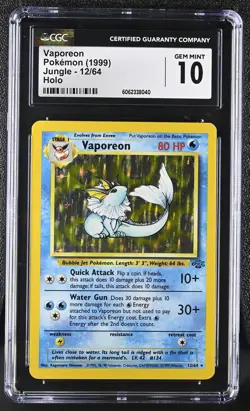 CGC 10 GEM MINT Vaporeon 1999 Jungle 12/64 Holo Pokemon Card - Image 1