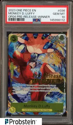 2023 One Piece EN OP04 Pre-release Winner #036 Monkey D. Luffy PSA 10 GEM MINT - Image 1