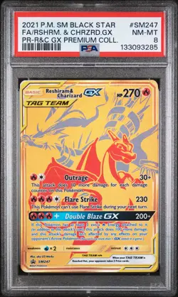 2021 POKEMON SM BLACK STAR PROMO #SM247 FULL ART/RESHIRAM & CHARIZARD GX PSA 8 - Image 1