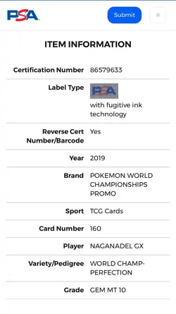 2019 NAGANADEL GX POKEMON WORLD CHAMPIONSHIP PROMO PSA 10 POP ONLY 2 CARD #160 - Image 4