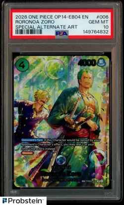 2026 ONE PIECE OP14-EB04-THE AZURE SEA'S SEVEN #006 RORONOA ZORO PSA 10 GEM MINT - Image 1