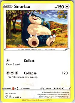 Snorlax 141/192 Rare Regular Card SWSH02: Rebel Clash Pokemon TCG LP - Image 1