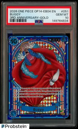 2026 One Piece OP14-EB04 EN 3rd Anniversary Gold #051 Buggy PSA 10 GEM MINT - Image 1
