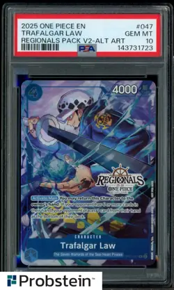 2025 One Piece EN Regionals Pack V2 Alternate Art #047 Trafalgar Law PSA 10 - Image 1