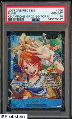 TCG 2025 One Piece EN Championship 25-26 Top 64 #050 Nami PSA 10 GEM MINT - Image 1