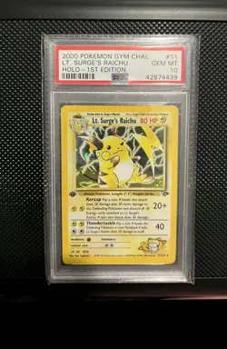 PSA 10 1st Edition Lt. Surges Raichu Holo Gym Challenge Pokemon Card #11 (2000) - Image 1