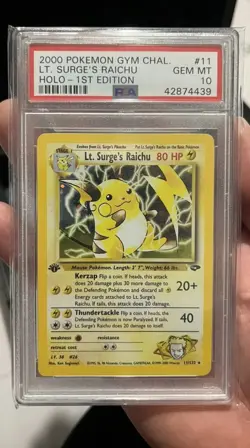PSA 10 1st Edition Lt. Surges Raichu Holo Gym Challenge Pokemon Card #11 (2000) - Image 3
