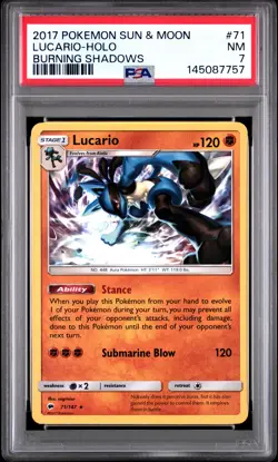 2017 POKEMON SUN & MOON BURNING SHADOWS #71 LUCARIO-HOLO PSA 7 - Image 1