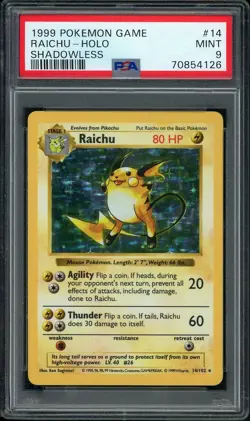 1999 POKEMON BASE SET SHADOWLESS #14 RAICHU - HOLO PSA 9 - Image 1
