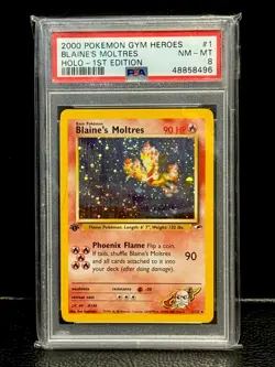 Pokemon Blaine's Moltres Gym Heroes 1st Edition Holo #1 PSA 8 💫💫 (TWO SWIRLS!) - Image 1