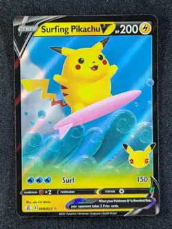 2021 Pokemon SURFING PIKACHU V #008/025 Celebrations Holo Ultra Rare English (C) - Image 1