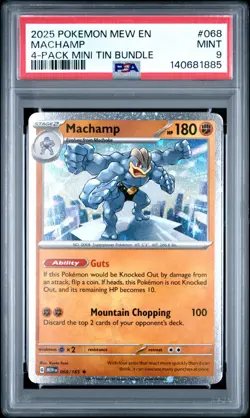 Pokemon Machamp 4 Pk. Mini Tin Bund. 151 MEW EN Holo Rare #068 PSA 9 Mint - Image 1