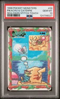 1998 POCKET MONSTERS SEALDASS STITCH TOUCH #09 PIKACHU & CATERPIE PSA 10 - Image 1