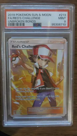 2019 POKEMON SUN & MOON UNBROKEN BONDS #213 FULL ART/RED'S CHALLENGE PSA 9 - Image 1