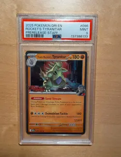 Team Rocket's Tyranitar Pokemon TCG PSA 9 096/182 DRI PRERELEASE STAFF Stamped - Image 1