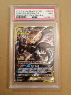 PSA 9 MINT Pokemon Pikachu & Zekrom GX Sun and Moon Black Star Promo Holo SM168 - Image 1