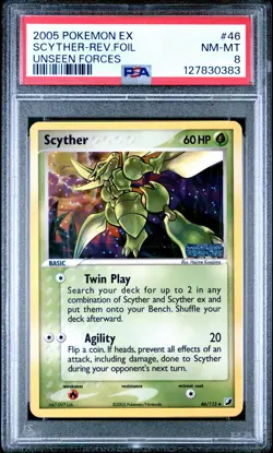 2005 POKEMON EX UNSEEN FORCES #46 SCYTHER-REVERSE FOIL PSA 8 - Image 1