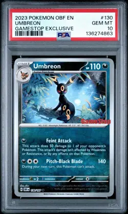 Pokemon PSA 10 2023 Umbreon #130/197 Obsidian Flames Gamestop Promo Reverse Holo - Image 1