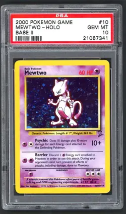 Pokemon Cards - PSA 10 Mewtwo 10/130 - Base Set 2 Holo - GEM MT SWIRL - Image 1