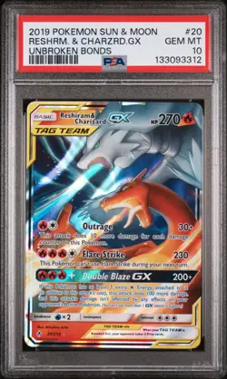 2019 POKEMON SUN & MOON UNBROKEN BONDS #20 RESHIRAM & CHARIZARD GX PSA 10 - Image 1